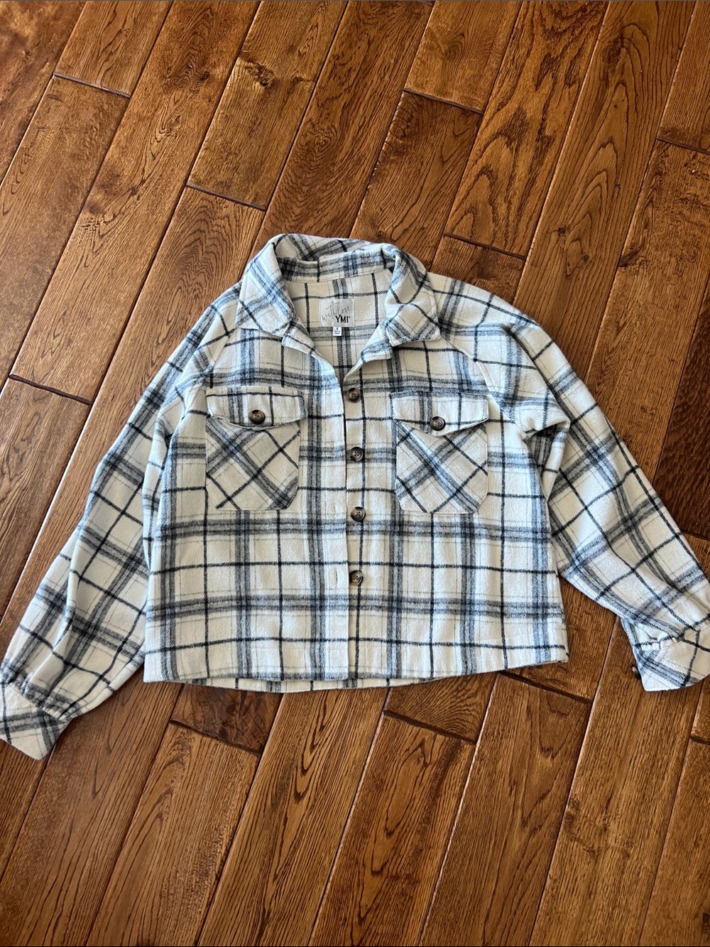 YMI Cream and Black cozy cropped Plaid Button-Up shacket
